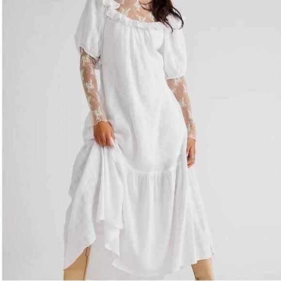 free people | romantic kaylyn gauze textured cotton boho white midi dress sz XS - Picture 10 of 10